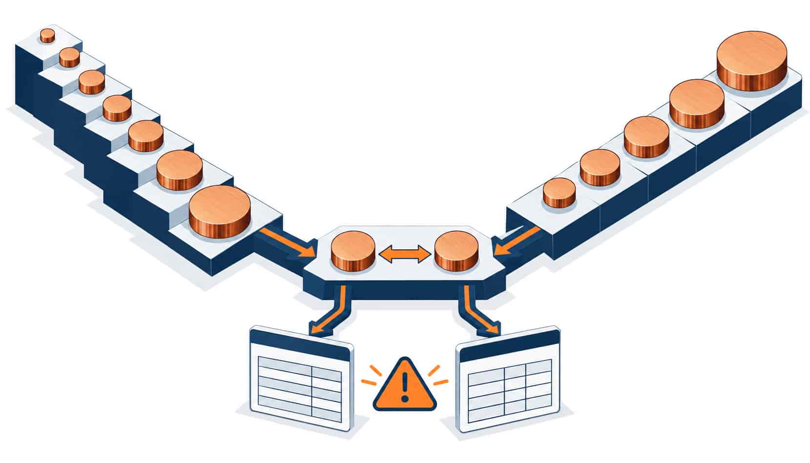 Isometric illustration of AWG and metric size ladders converging on a conversion bridge with an ampacity warning
