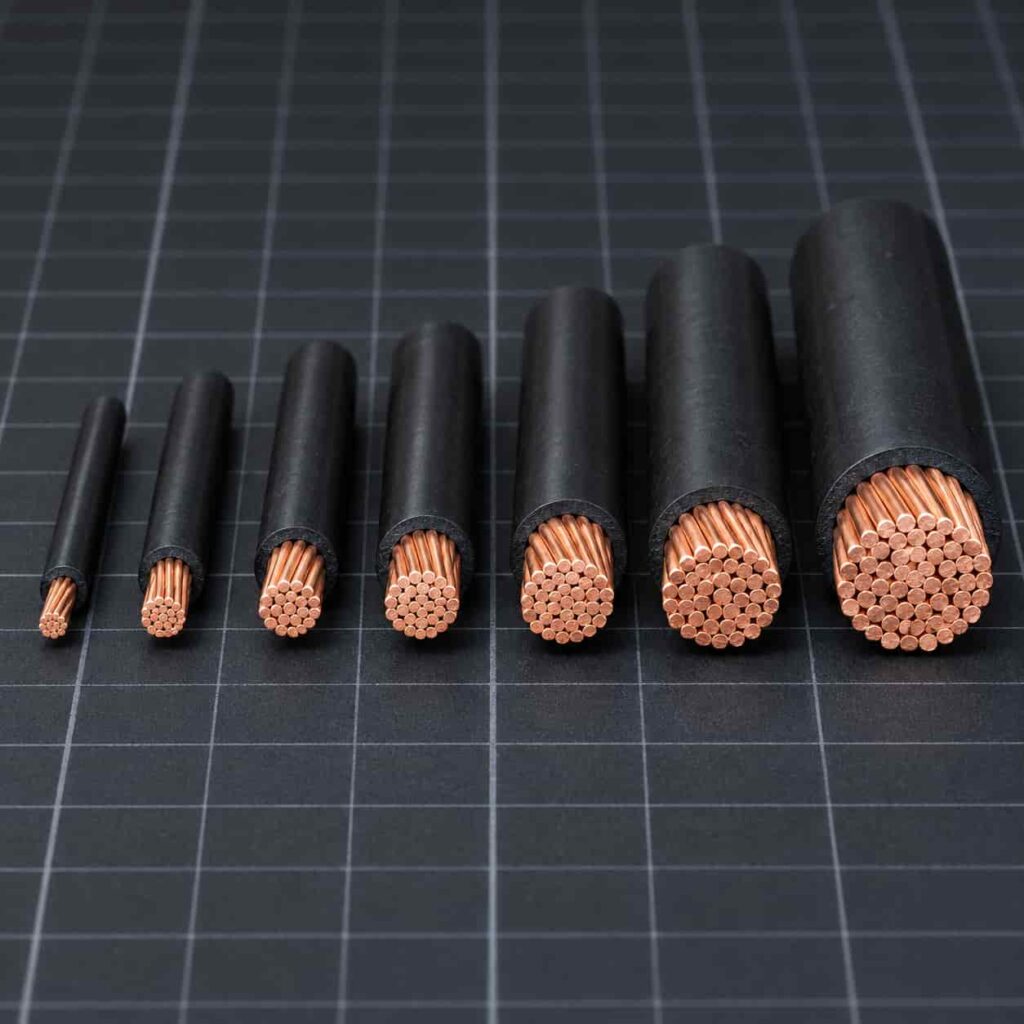 Cable sample ends of increasing cross-section from 1.5 mm2 to 95 mm2 arranged in a row on a measuring mat