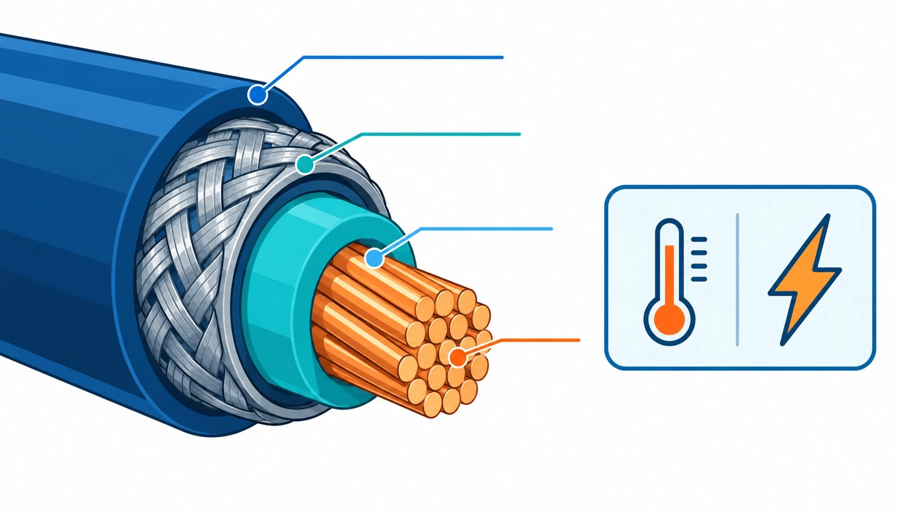Flat infographic of a cable cross-section with callout lines pointing to conductor, insulation, shield and jacket layers beside a rating card