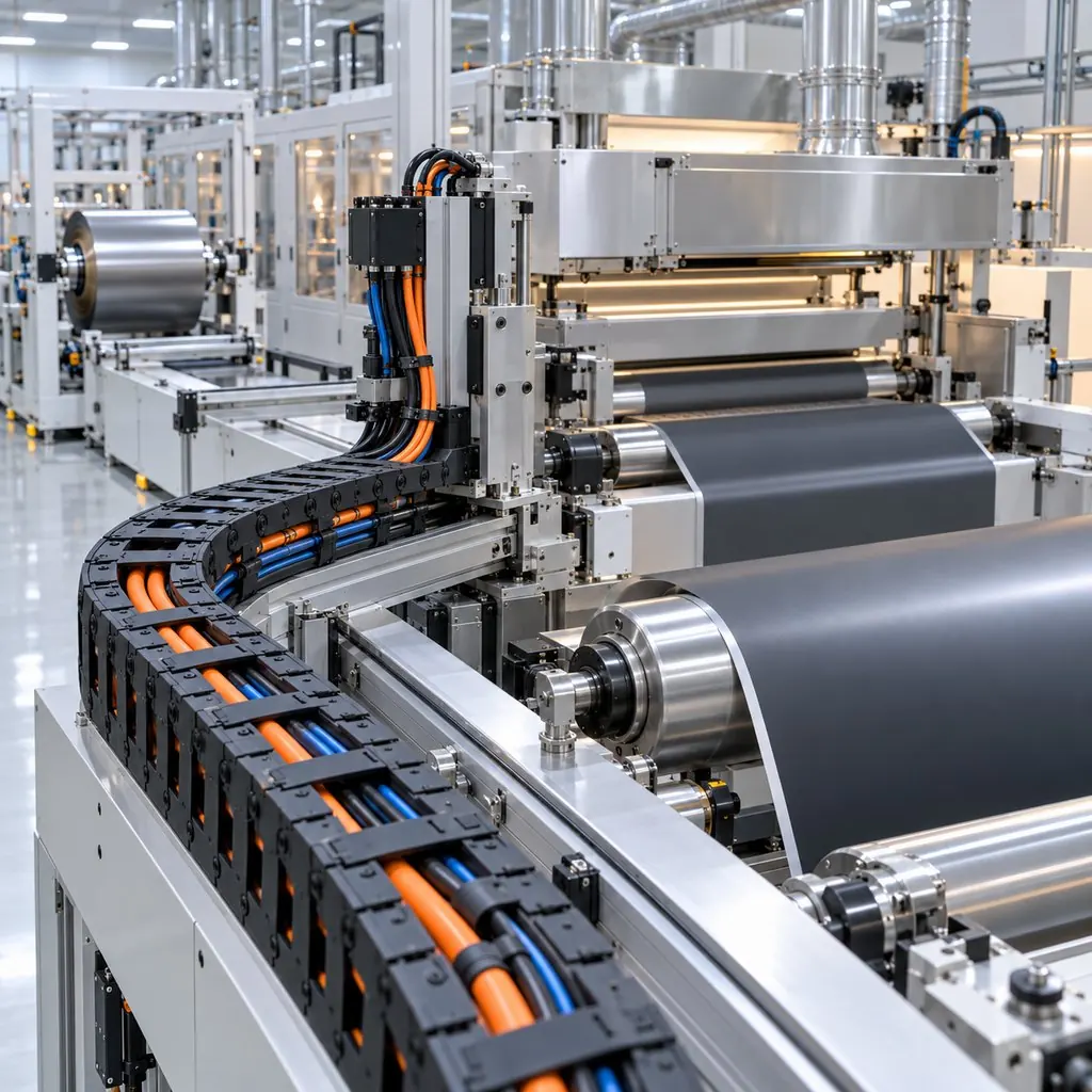 A cable chain on an automated electrode production line inside a battery factory, motion cables routed alongside process equipment with coating machinery in the background