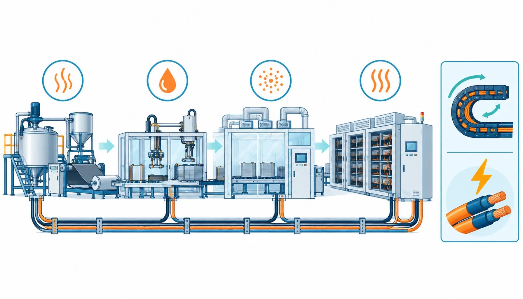 Flat infographic of a battery production line divided into mixing, assembly, dry room and formation zones with cable duty icons