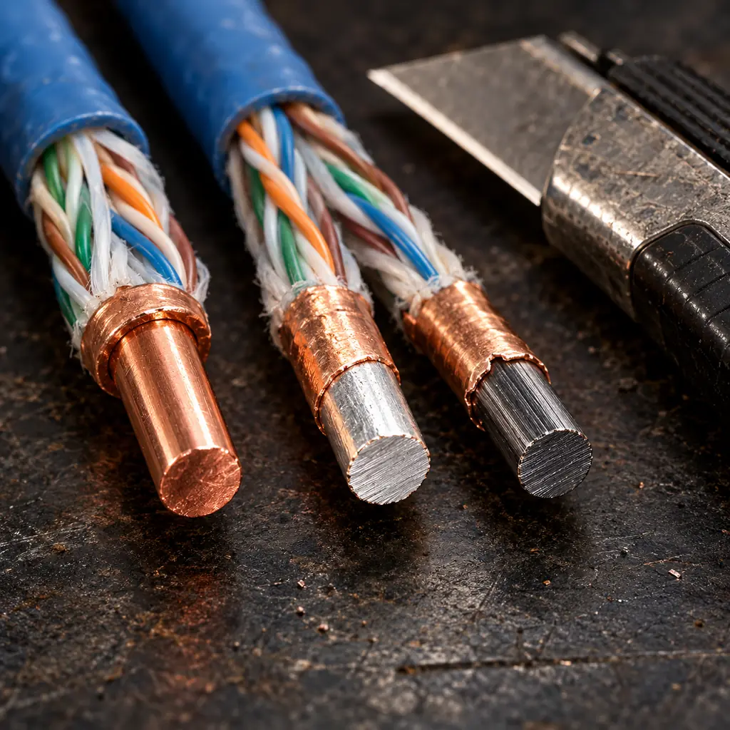 Three cut network cable ends side by side showing bare copper, copper-clad aluminum and copper-clad steel conductors