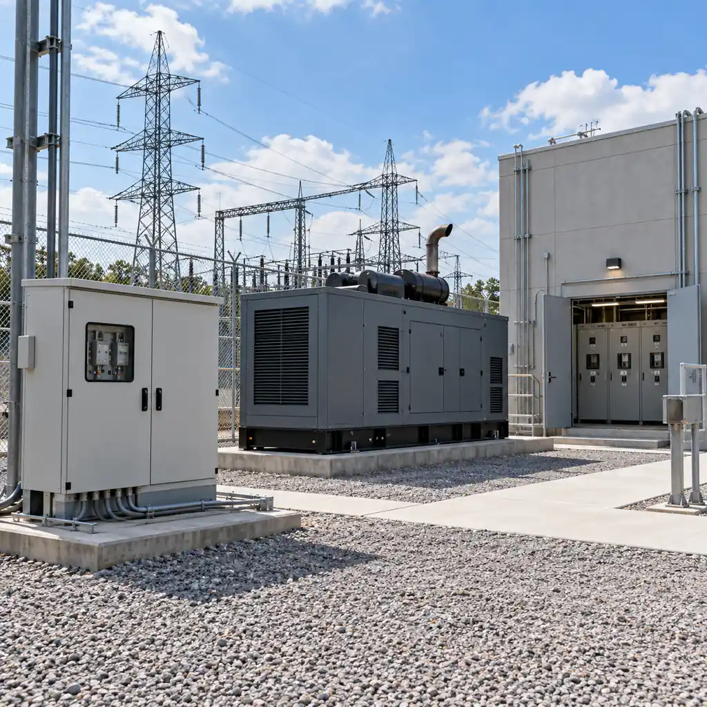 A data center utility yard showing a metering cubicle, a generator enclosure and a switchgear building with an interconnection panel, transmission line structures visible beyond the boundary fence, industrial daylight lighting, no readable text, no labels