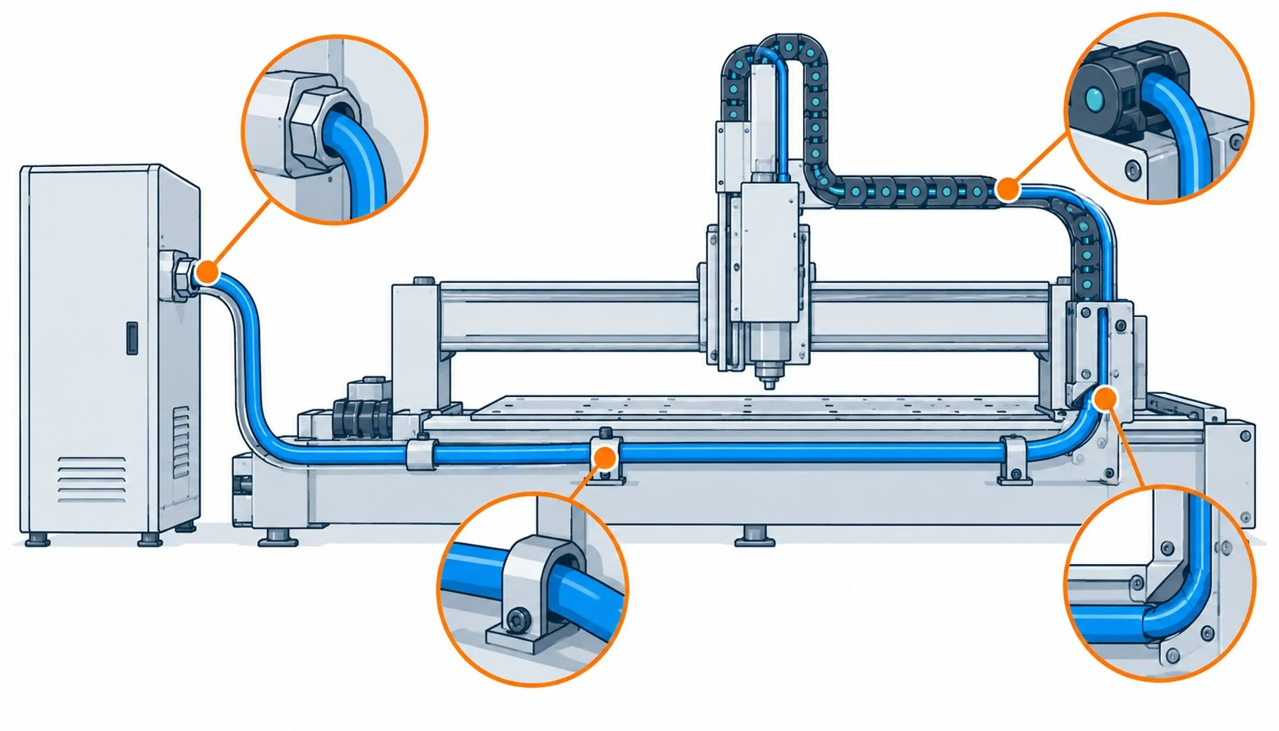 Flat infographic of a machine layout marking radius violation points at glands, chain entries, clamps and transitions