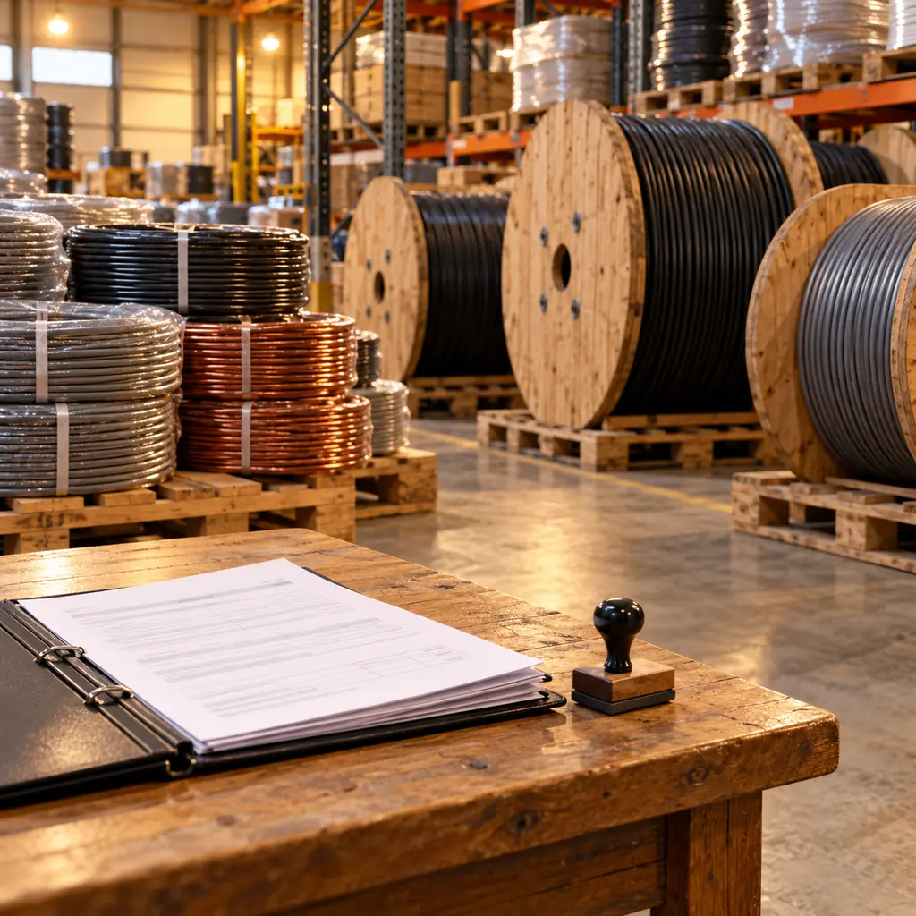 Building wire coils and cable drums in a warehouse with certification documents on a side table