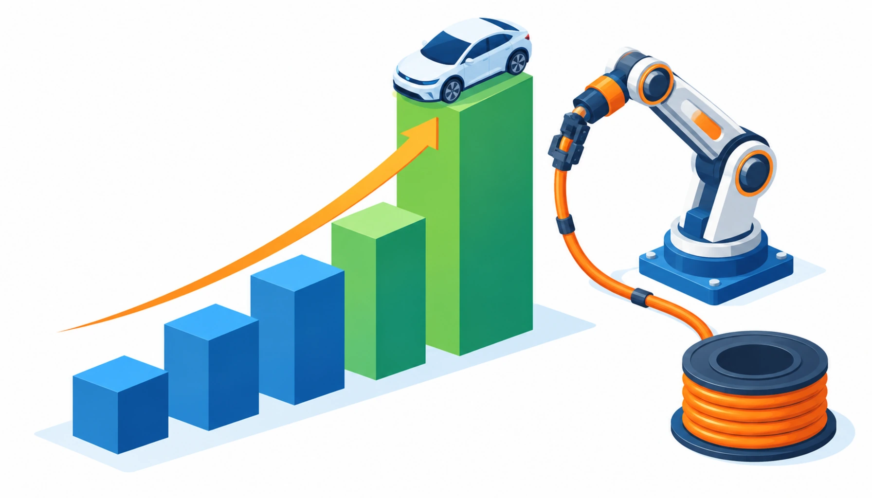 Flat infographic of a rising bar chart with a car icon and a robot arm icon linked by a dress pack cable curve