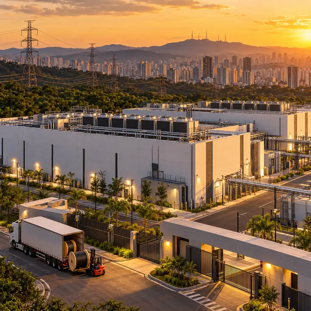 São Paulo skyline with a data center campus and arriving cable drums under green-energy transmission lines