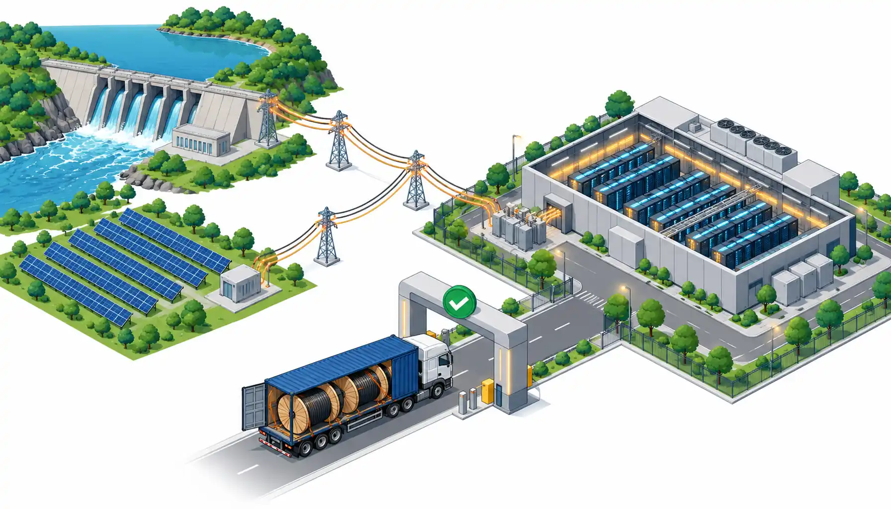 Isometric illustration of a Brazilian data hall fed by hydro and solar power with an INMETRO certification gate before it