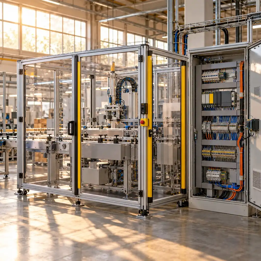 A guarded industrial machine with interlocked panels and a control cabinet open to show wiring, in a plant typical of Brazilian manufacturing