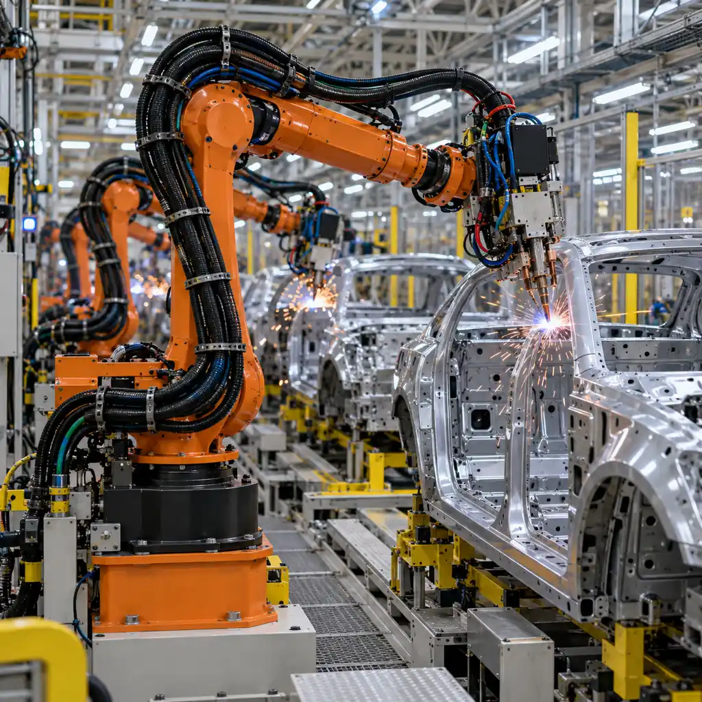 A Brazilian automotive assembly plant with a row of welding robots and heavy flexible cable routed in dress packs along the line