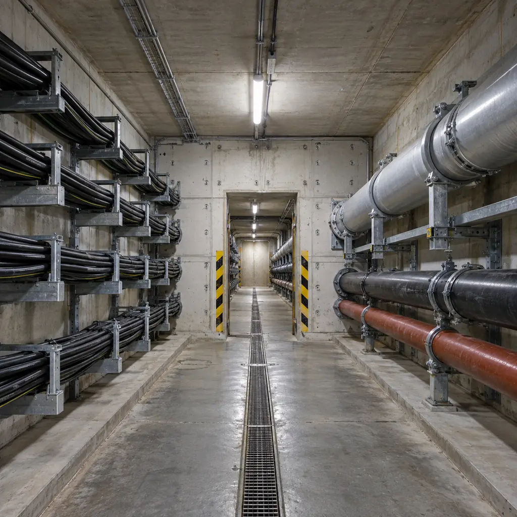 Inside a concrete utility tunnel with cable on brackets along one wall and pipes on the other, a joint bay with a fire separation wall ahead and a drainage channel in the floor, service lighting, no readable text, no labels
