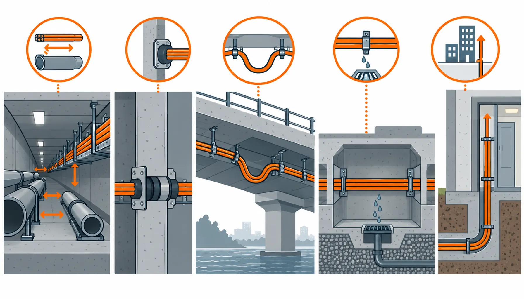 Flat infographic of a utility tunnel cable route: a cable gallery beside water pipes, a compartment wall with a sealed penetration, a bridge soffit crossing with a movement loop, and a chamber with a sump below the cable