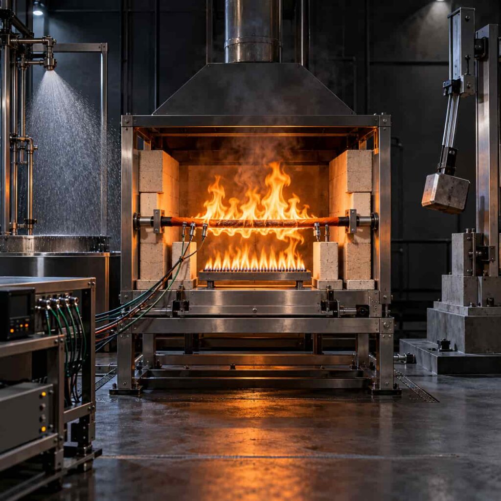 Fire resistance test rig with cable sample burning inside a tube furnace with water spray and mechanical shock apparatus beside it