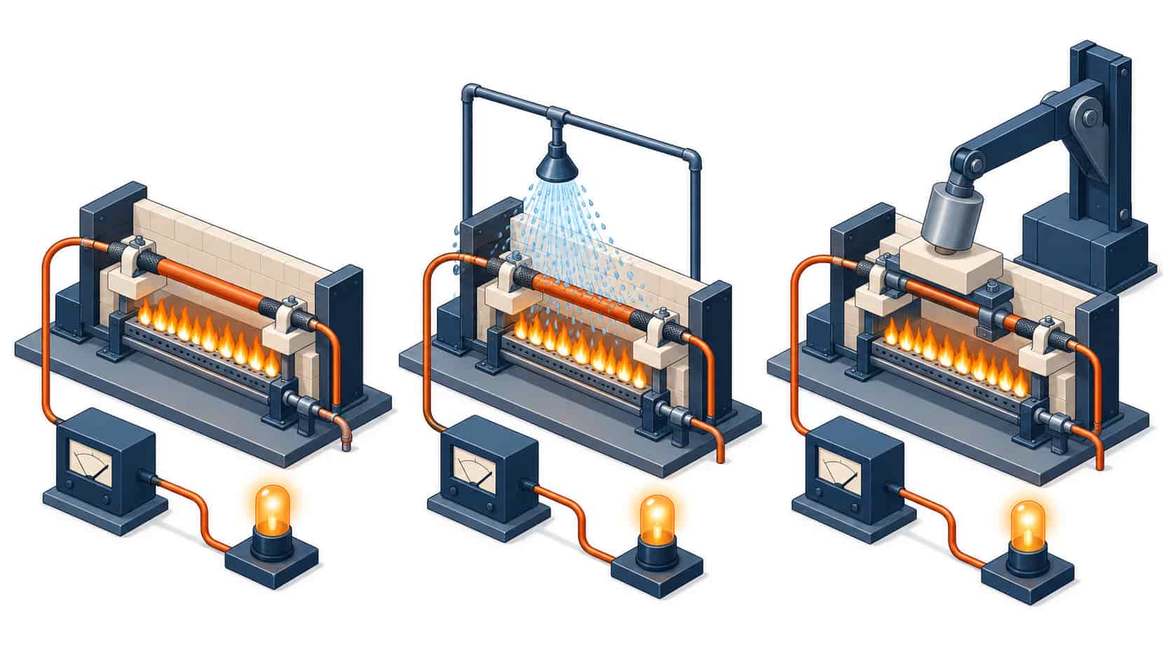 Isometric illustration of three test stations proving fire alone fire with water and fire with shock survival