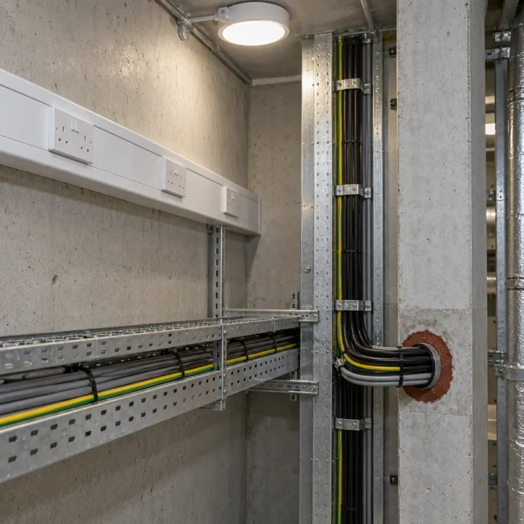 A building service riser with a perforated cable tray carrying several circuits, a trunking run with socket outlets above it and a sealed penetration through a concrete wall, service lighting, no readable text, no labels