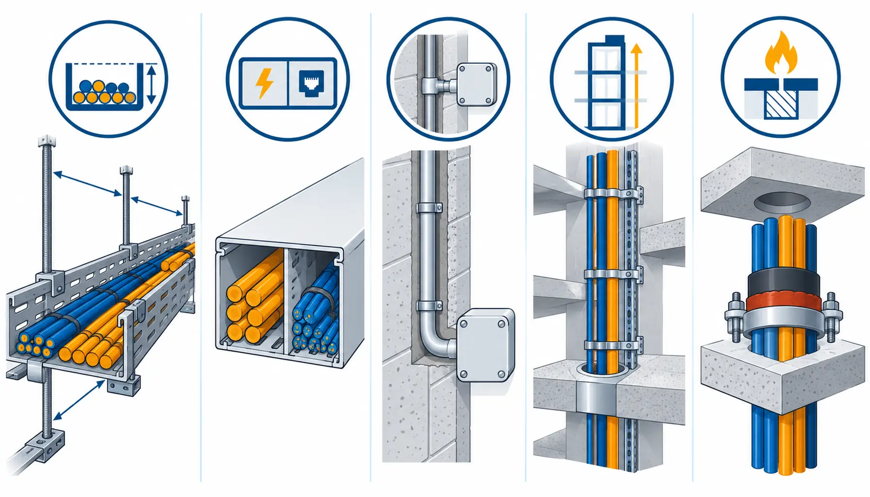 Flat infographic of building containment in section: a cable tray with fill marked, a compartmented trunking feeding sockets, a riser with vertical supports, and a sealed penetration through a slab