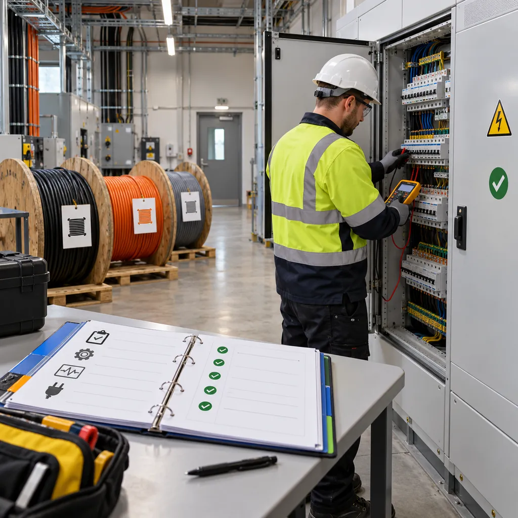 An electrical plant room at practical completion with labelled cable drums, a ring binder of test records open on a desk and a technician checking a distribution board with an instrument, clean lighting, no readable text, no labels