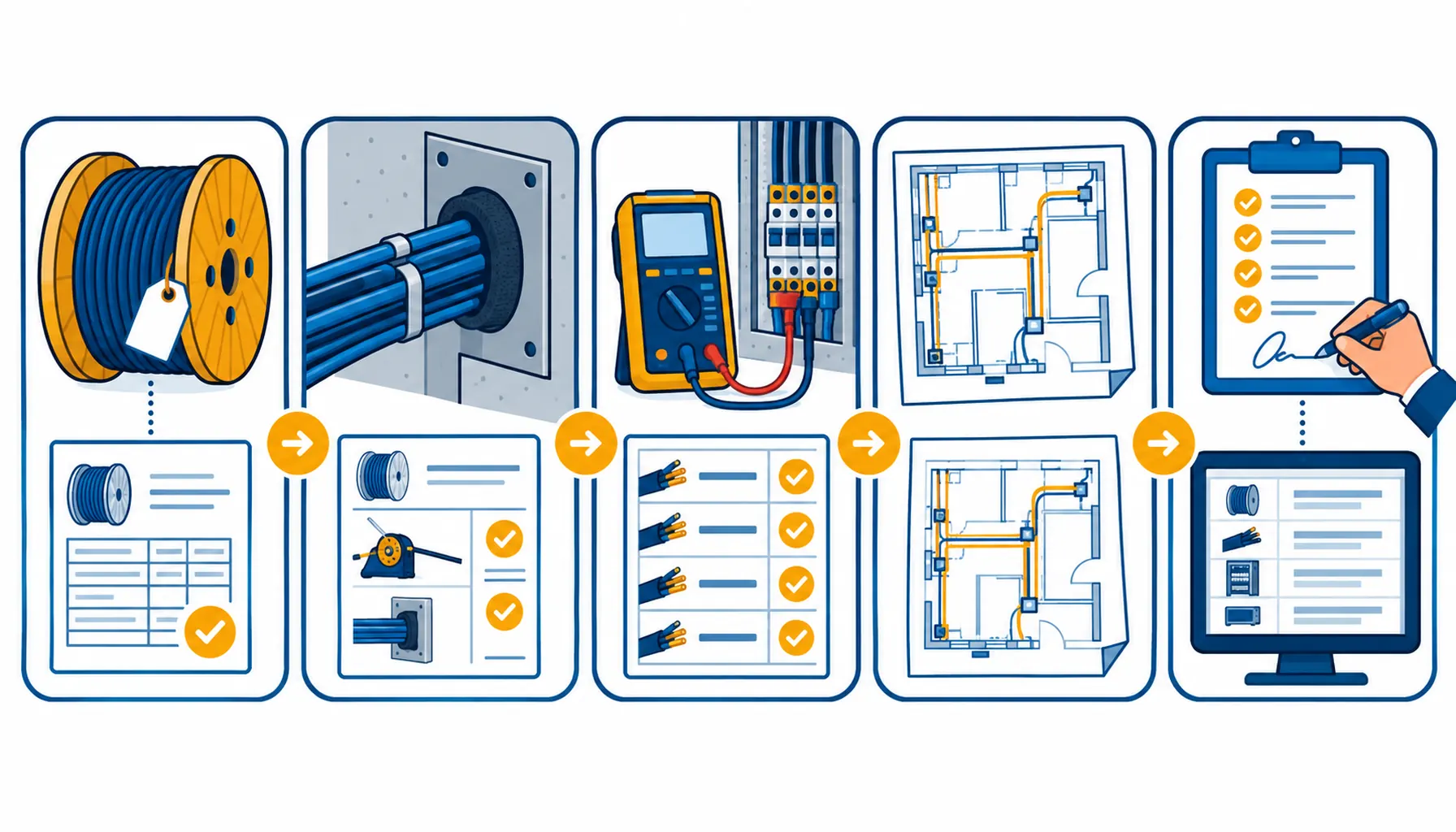 Flat infographic of a cable handover pack: a drum label with a batch reference, a stack of test records, an as-built drawing marked up, and a checklist being signed at a distribution board