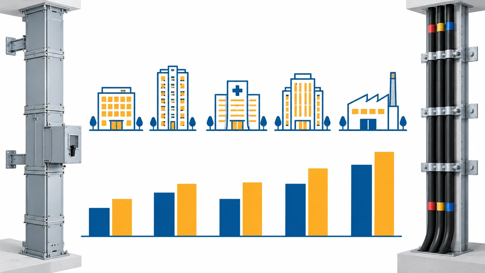 Flat infographic comparing busbar trunking and cable risers across five building types, with a riser cross-section on one side and a tap-off box on the other, and a cost bar chart beneath