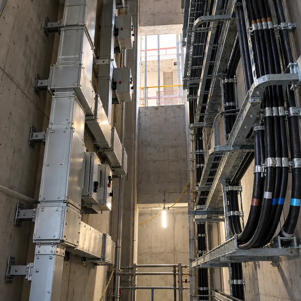 A building distribution riser under construction with busbar trunking sections on one wall and steel trays of single-core cable on the other, tap-off boxes and cleats visible, service light from an opening, no readable text, no labels