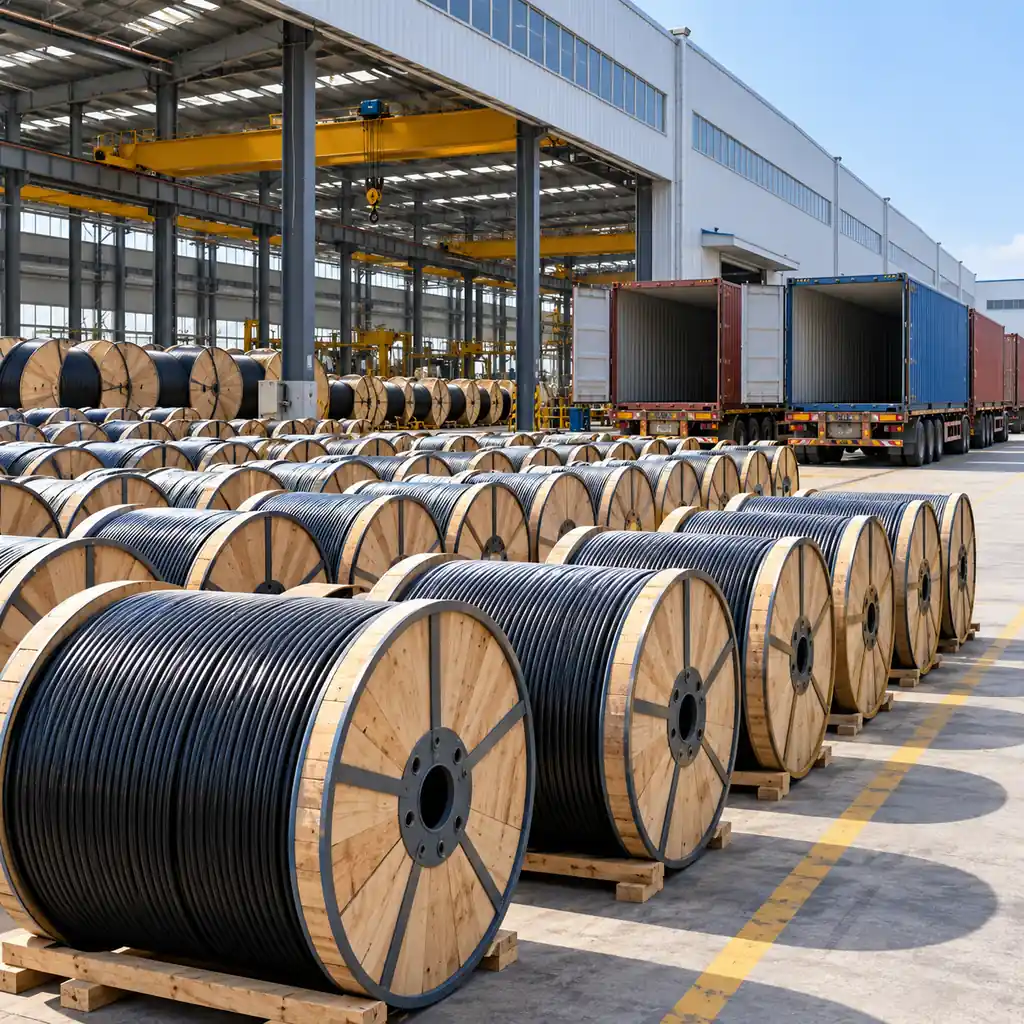 Chinese cable factory floor with finished cable drums staged for export beside shipping containers