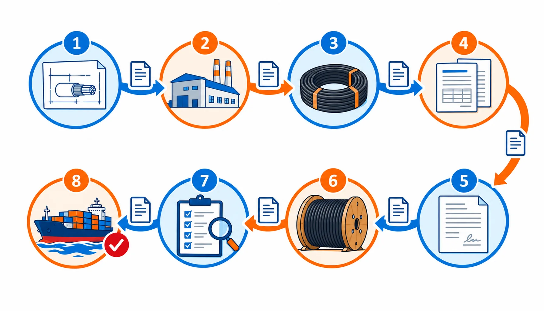 Flat infographic of eight steps from specification to delivery, each step passing a document to the next