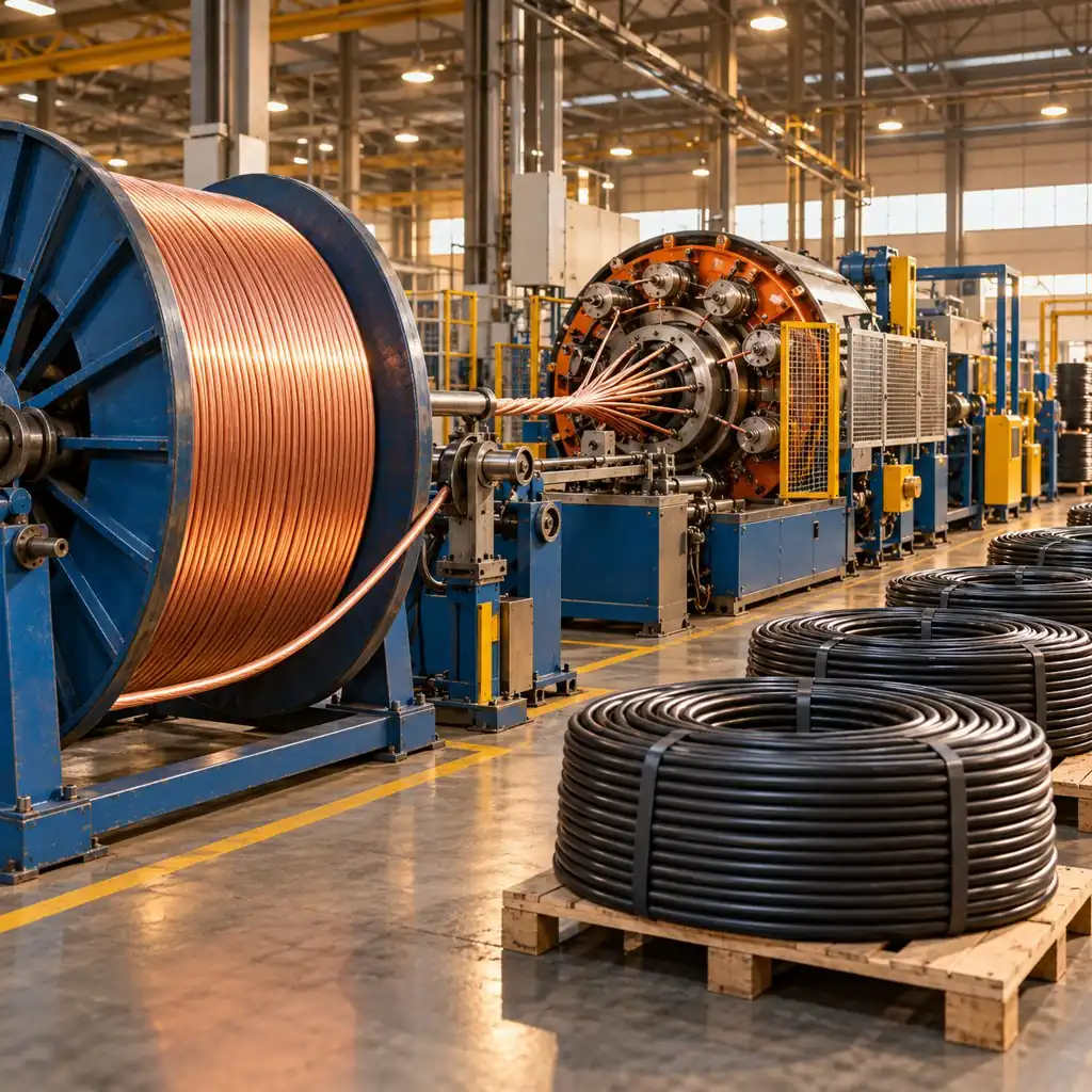 A cable production floor with a pay-off reel feeding a stranding machine and coils of finished flexible cable stacked on pallets