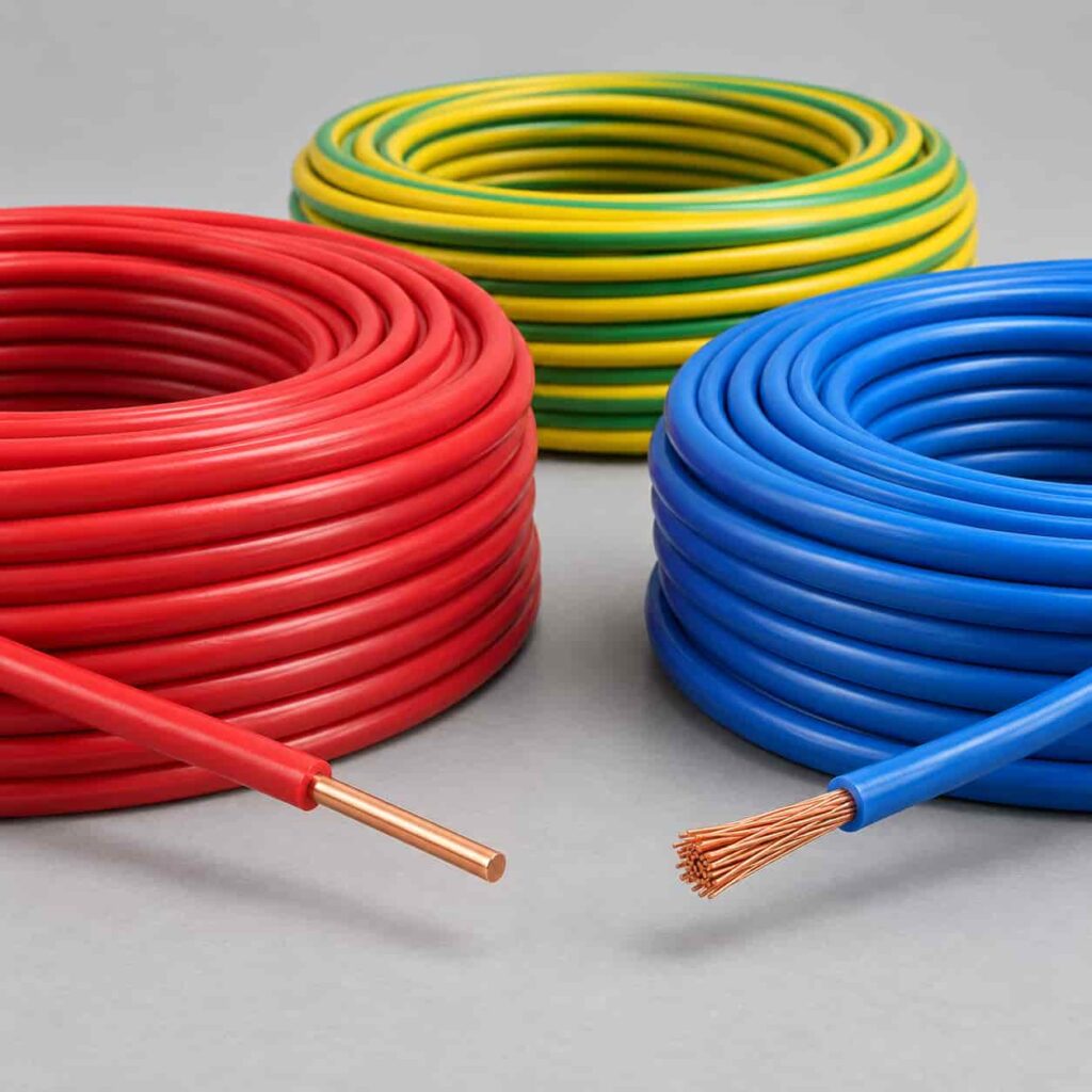 Single-core PVC building wire coils in red, blue and yellow-green with solid and stranded conductor ends exposed