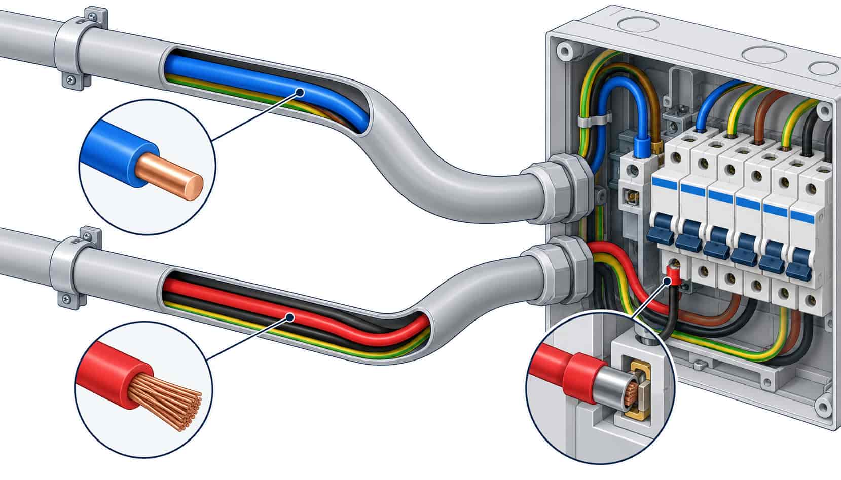 Isometric illustration of solid and stranded single-core building wire routed through conduit bends to a distribution board
