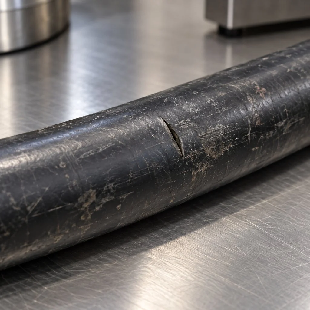 Close view of a cable jacket surface showing scuff marks and a small cut, with a lab bench surface beneath