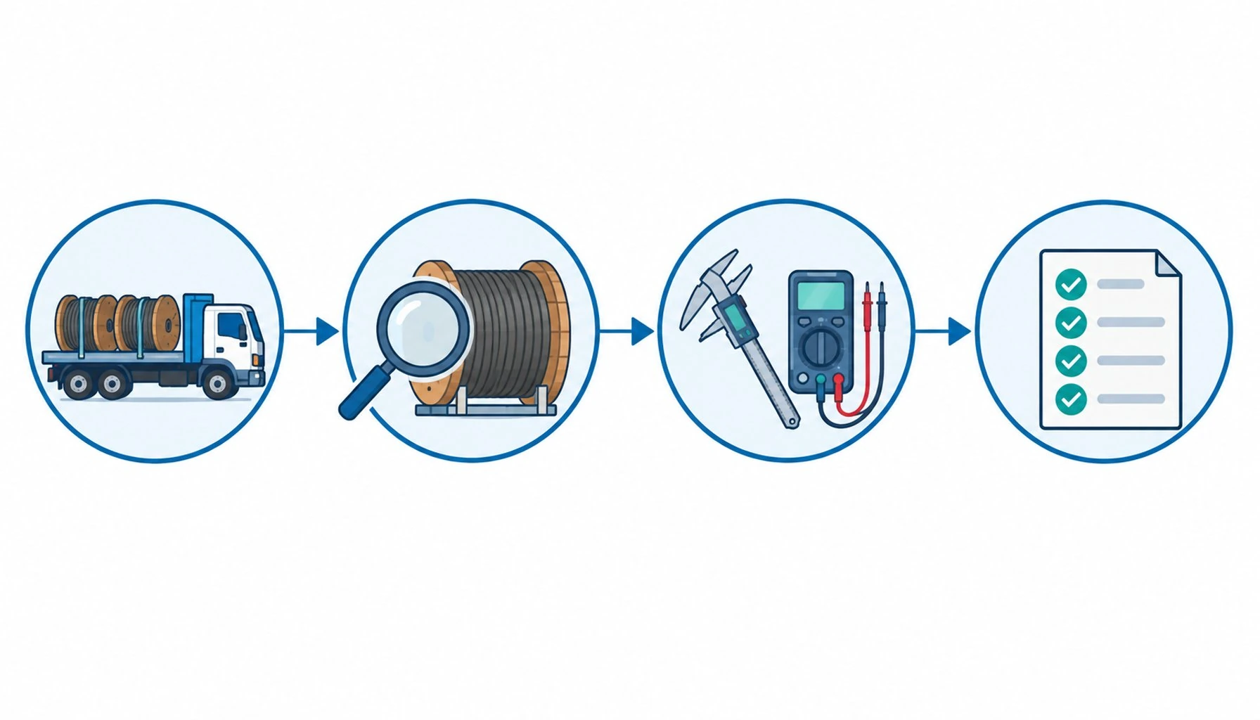 Flat infographic of an acceptance flow: delivery truck, magnifier over a cable drum, measuring instruments, and a signed checklist, connected left to right