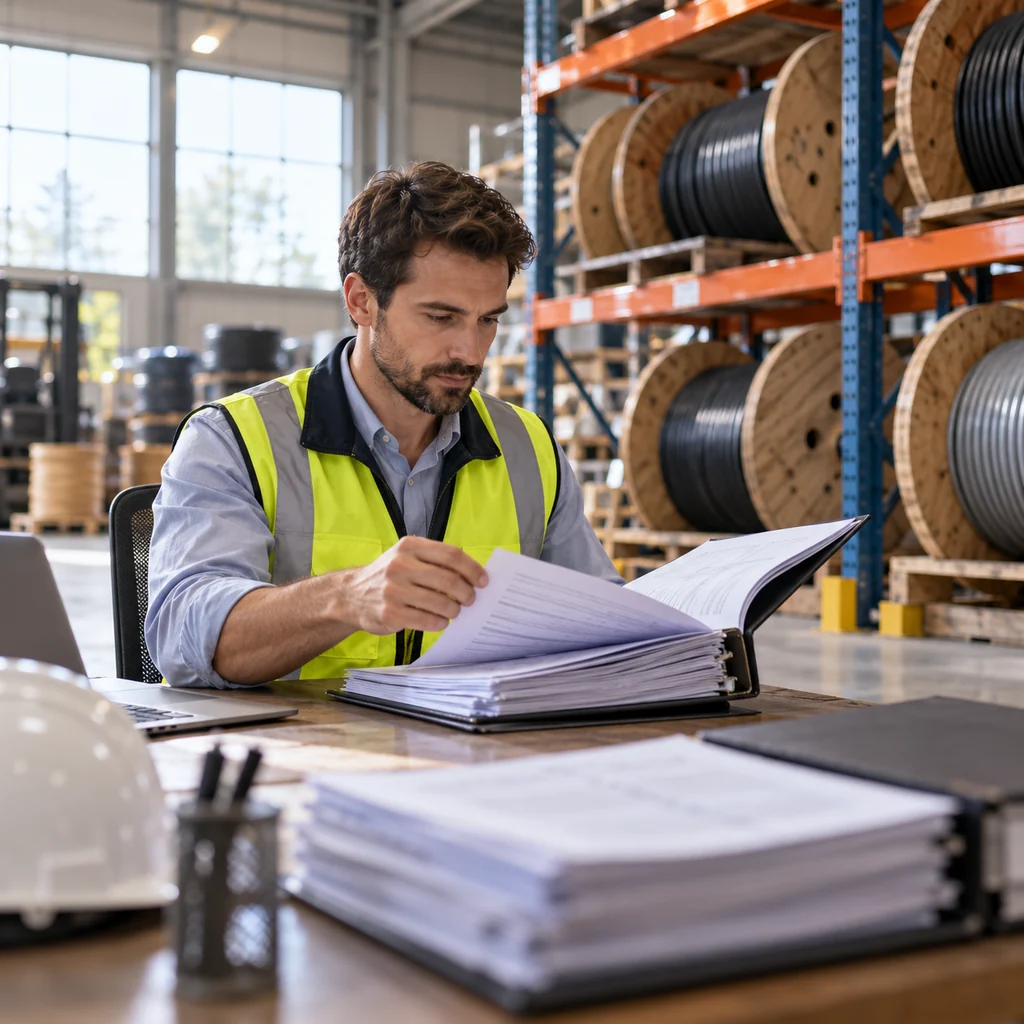 A project engineer reviewing a cable claim file beside a warehouse shelf of spare cable drums