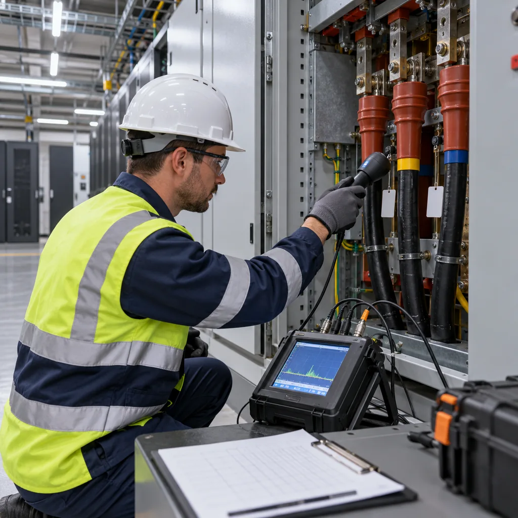 An electrical technician performing a partial discharge survey on cable terminations inside a data center switchboard with covers open, diagnostic instruments connected and a test record sheet in view