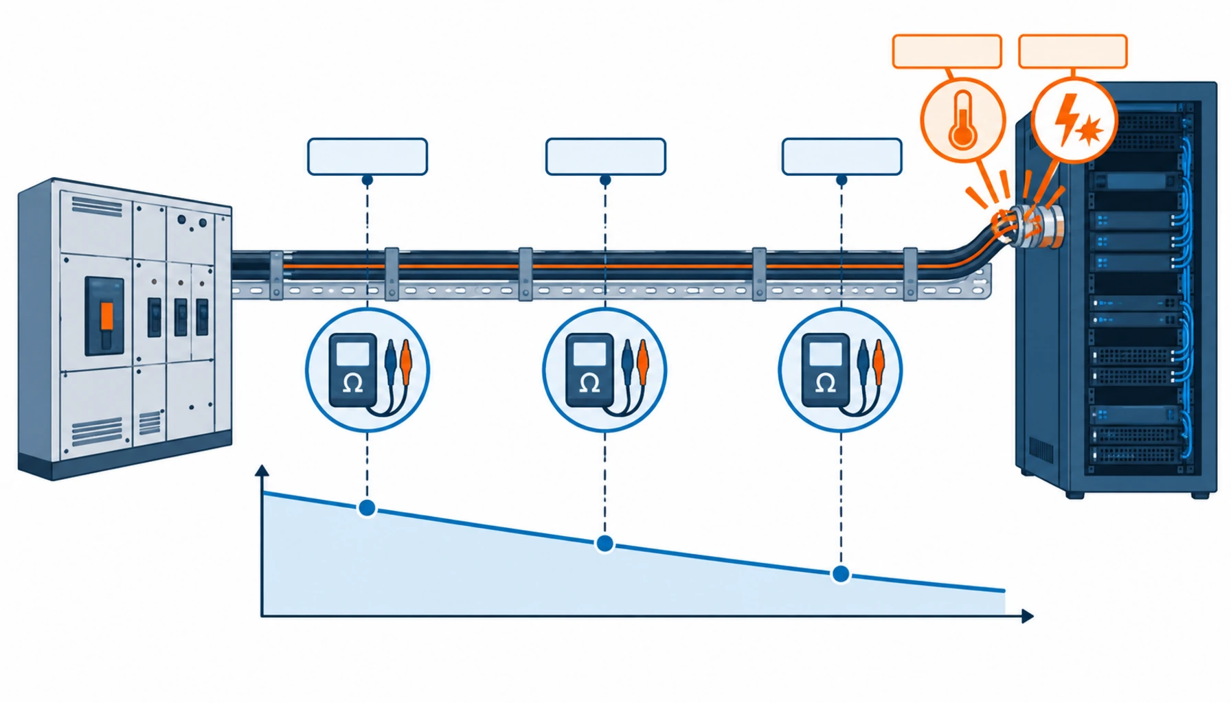 Flat infographic comparing five cable aging diagnostic methods for data centers: insulation resistance trend, dielectric loss, partial discharge survey, loaded infrared scan and sheath inspection