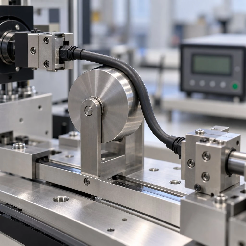 A flex test machine bending a cable sample back and forth at a fixed radius with a cycle counter display