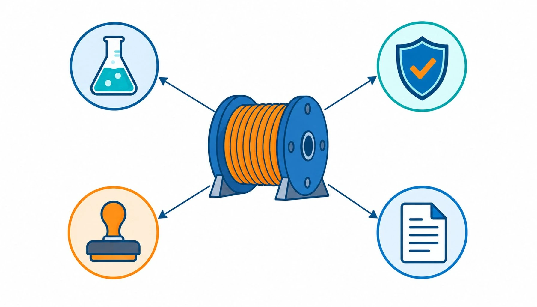 Flat infographic of a certification map: a central cable drum icon connected by lines to a laboratory flask, a shield, a stamp and a document icon