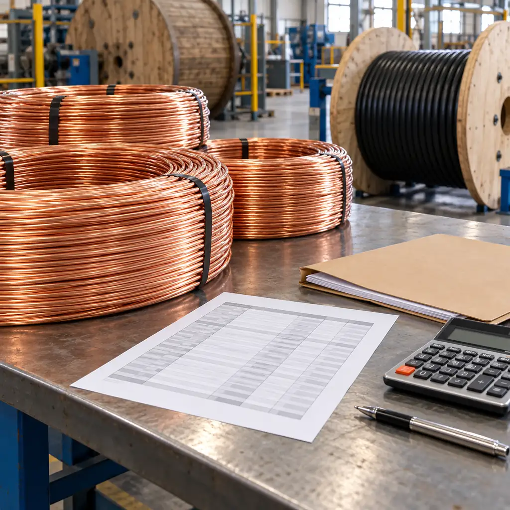 Coils of bare copper conductor on a factory bench beside a printed price sheet and a calculator, with a cable drum in the background, no readable text, no labels