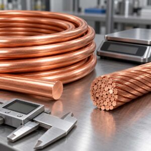 Close view of bright annealed copper rod stock and a finished stranded conductor sample on a laboratory bench