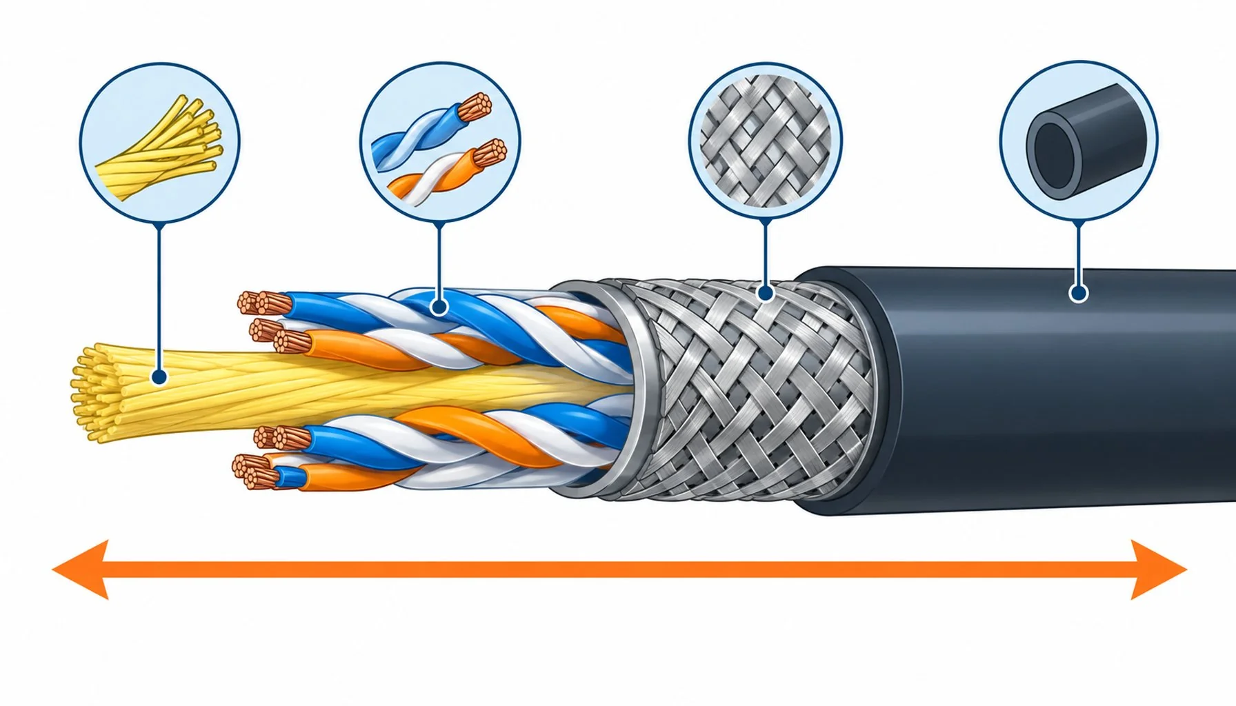 Flat infographic of a cable cross-section labeling the aramid center element, twisted pairs, braid and jacket with tension arrows