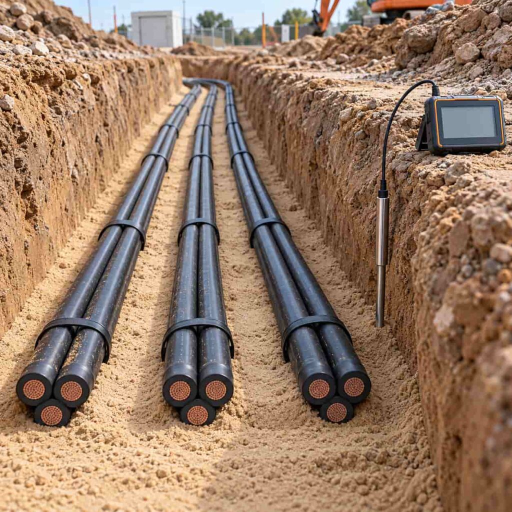 Buried cable trench with multiple circuits in formation and a thermal probe measuring soil temperature beside it