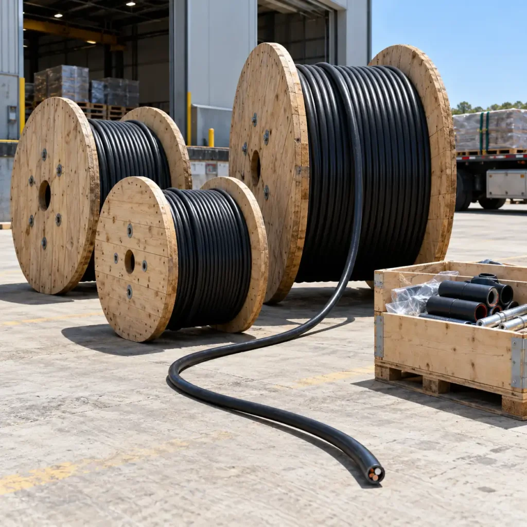 Several large cable drums of different diameters standing on a loading bay with a partially unwound run of cable on the ground and a joint kit crate beside it, no readable text, no labels