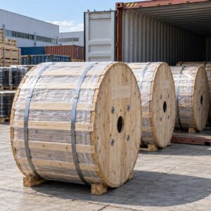Finished cable drums wrapped and crated in a factory loading yard ready for container shipment