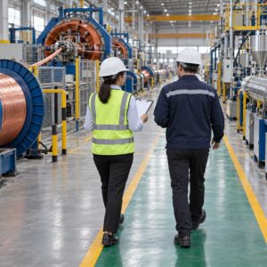 Buyer and factory quality manager walking a cable production floor during an audit with a clipboard and checklist