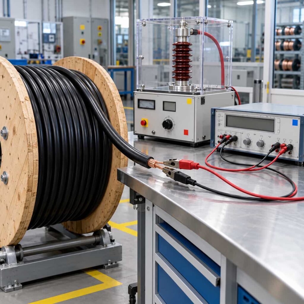 Cable factory test bench with high voltage tester and resistance bridge connected to a drum of finished cable