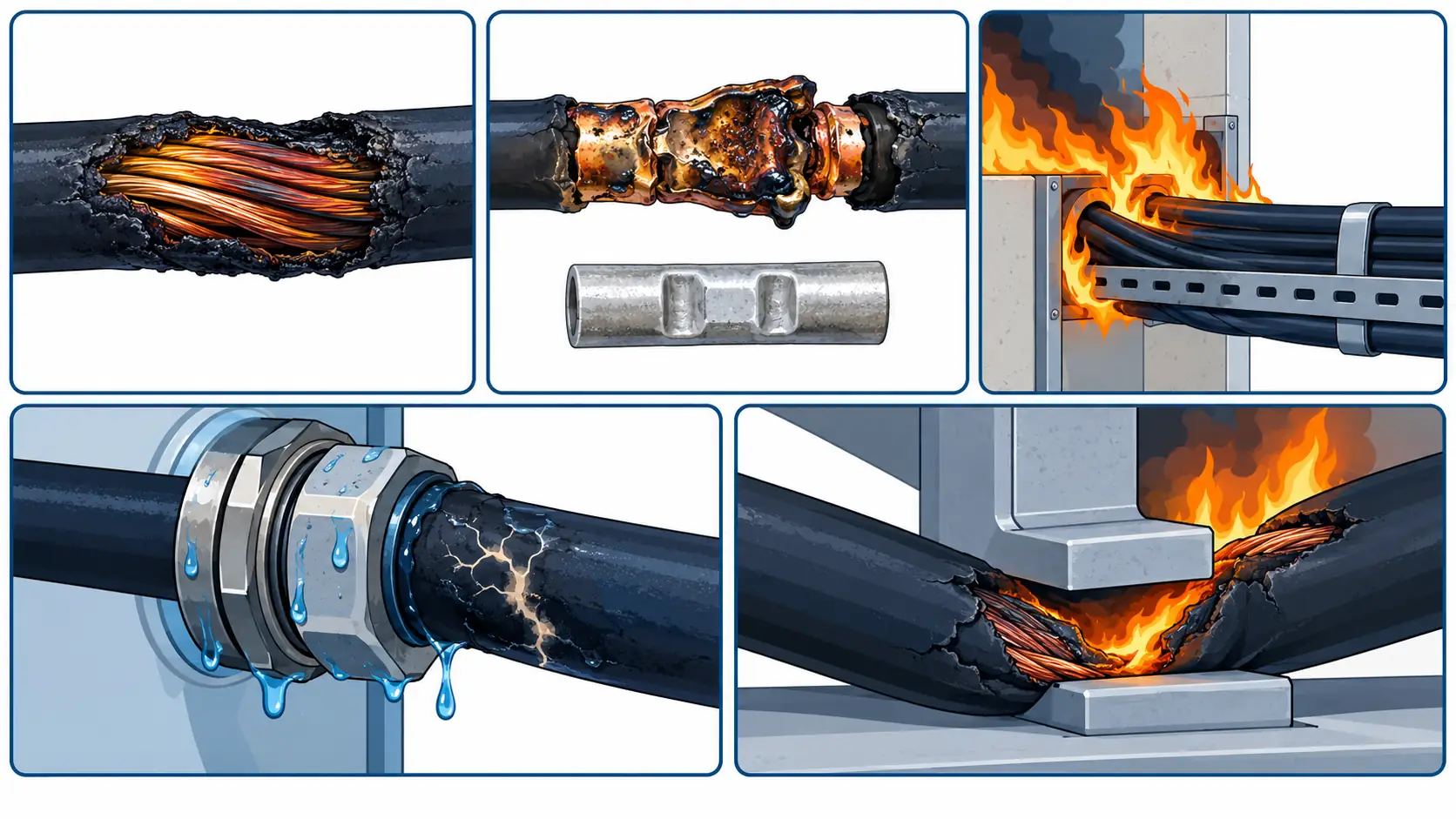 Flat infographic of cable fire failure signatures: annealed copper, a melted joint, char along a parallel run, tracking marks at a gland and a crush with burning behind it