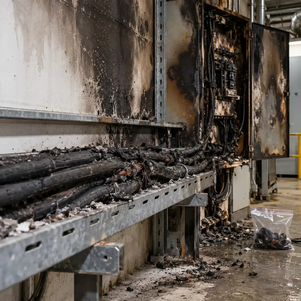 A charred cable run on a steel tray with a fire-damaged panel behind, soot patterns on the wall and a fire investigator's sample bag on the floor, no readable text, no labels