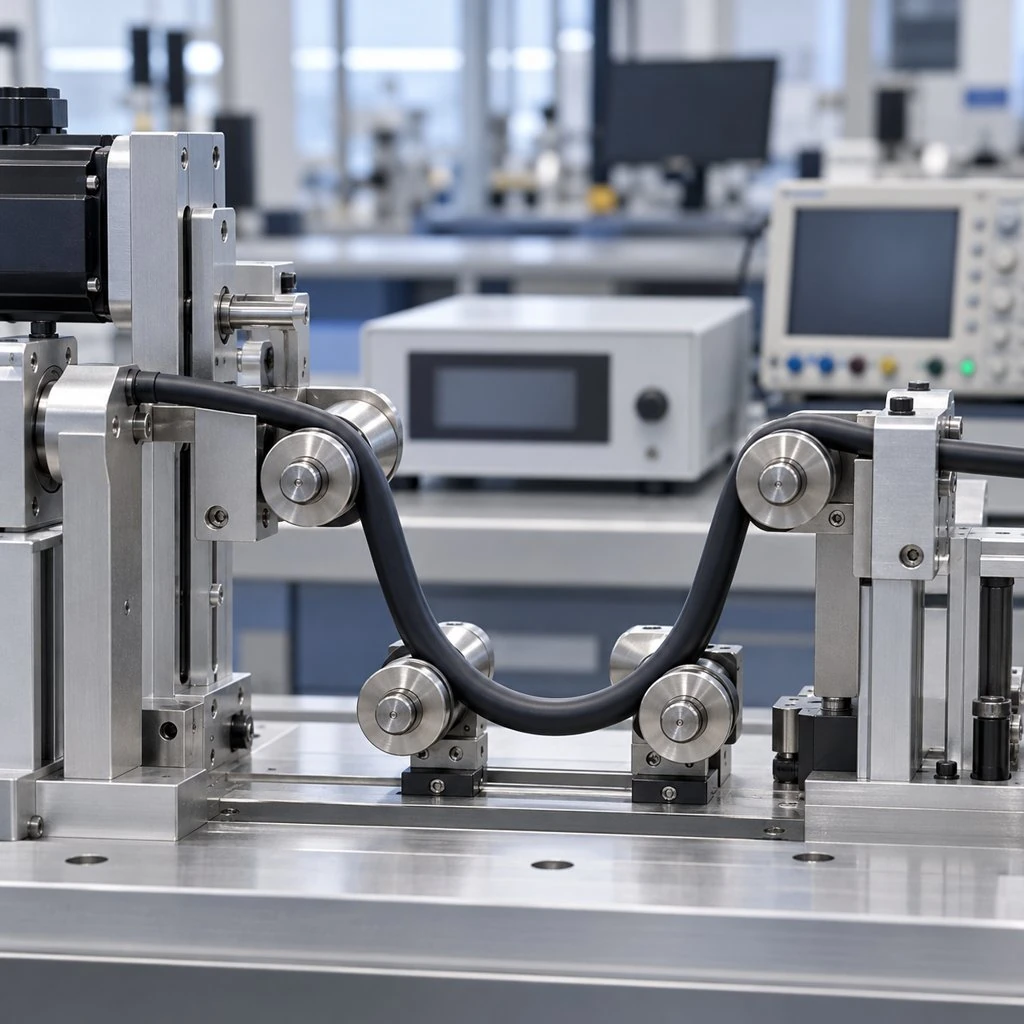 A laboratory flex test rig with a cable sample running back and forth through guides over rollers, counters and instruments alongside