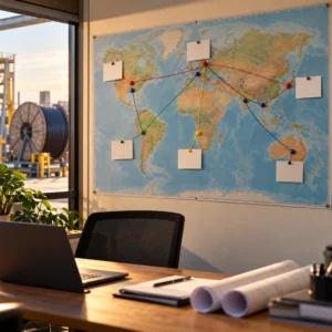 World map on a planning wall with certification logos and route lines pointing to different export markets