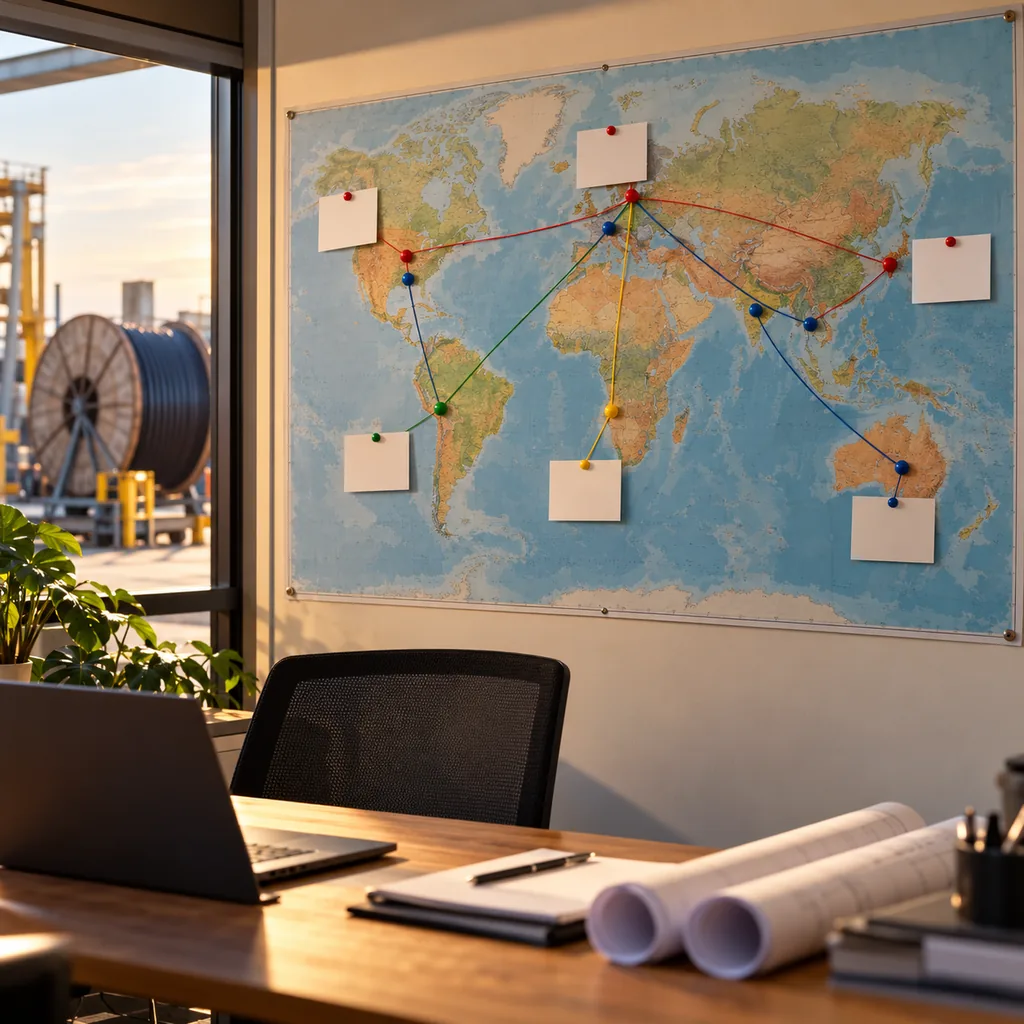 World map on a planning wall with certification logos and route lines pointing to different export markets