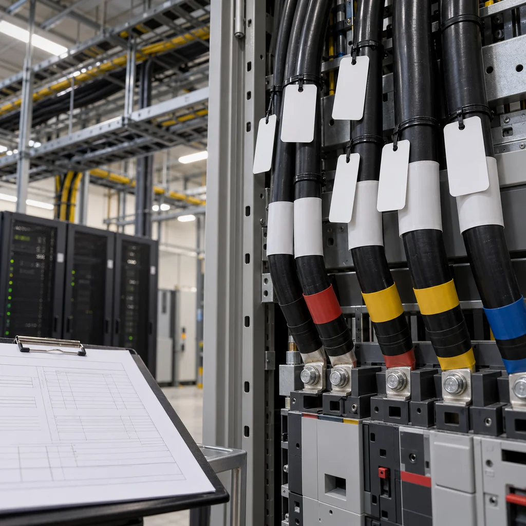 A close view of cable identification labels on a bundle of power cables entering a data center distribution board, with printed identification sleeves and a cable schedule on a clipboard nearby